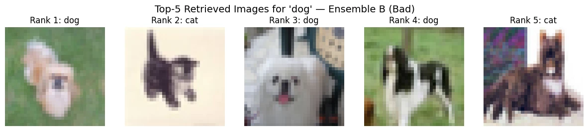 Five small 32-pixel CIFAR-10 images ranked 1 to 5 for the query ‘dog’ under Ensemble B. Ranks 1, 3 and 4 are dogs; ranks 2 and 5 are cats, one a dark kitten on a pale background and one a brown cat lying down.