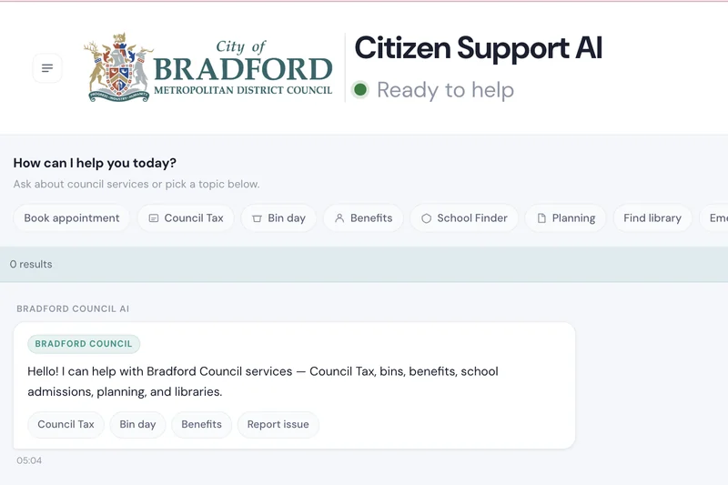 The Citizen Support AI web interface: topic chips such as Book appointment, Council Tax and Bin day, and the agent's greeting in the chat area. On wider screens the council services are also listed down the left.