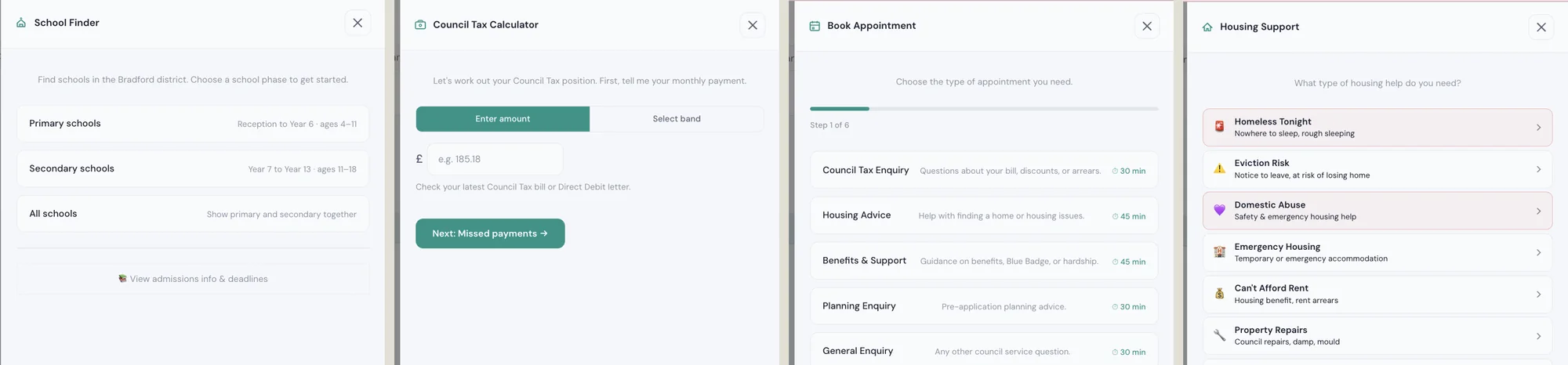 Four side panels from the prototype: School Finder with primary and secondary options, a Council Tax Calculator asking for a monthly payment, a six-step Book Appointment flow, and Housing Support with options including Homeless Tonight and Domestic Abuse.