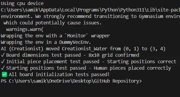 Terminal output: board dimensions test passed (8x10 grid confirmed), initial piece placement test passed, starting positions test passed, all board initialisation tests passed.
