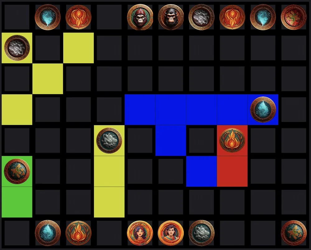 The rebuilt OrOgins game running in Unity, Player vs AI on Hard. A 10 × 8 board: the Evolutionist side's two ape royals and element discs along the top row, the Creationist side's two human royals and element discs along the bottom, and trails painted yellow, blue, red and green where elements have moved. A narrow side panel shows the mode and difficulty buttons and “AI replied. Turn: Player1”.